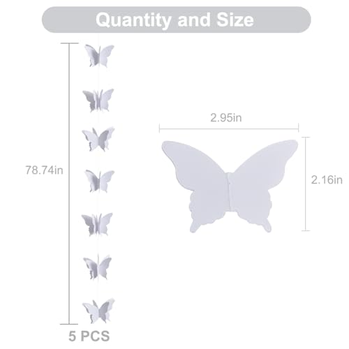 Image of BEISHIDA 5 Pieces White 3D Butterfly Paper Garland Hanging Decorative Banner for Home Ceiling Decor Birthday Party Baby Shower Wedding Theme Showcase Decoration Supplies Total 393 Inch Length