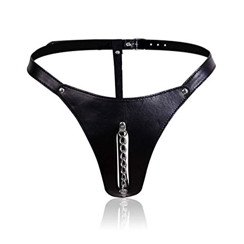 Hanyi Damen Leder Slips mit Ketten Unterhose Keuschheitsgürtel Einstellbar Sexy G-String Tanga, Schwarz