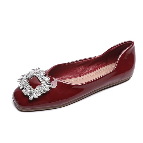 Women‘s Rhinestones Patent Leather Ballet Flats Fashion Comfort Square Toe Slip On Dress Shoes for Party Evening Prom Wedding Walking Shoe