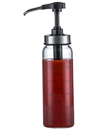 JIAWANSHUN Sauce Pump Dispenser with Glass Bottle Syrup Honey Pump Dispenser Sauce Pump Bottle for Kitchen Oyster Sauce Ketchup Black Pepper Sauce Salad Dressing (300ML)