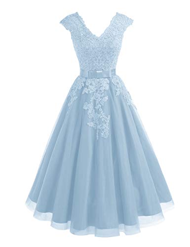 Homecoming Dresses V-Neck Lace Prom Dresses Short Tulle Cocktail Dresses with Cap Sleeves Ocean Blue US4