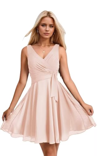 Short Chiffon Bridesmaid Dresses for Women V Neck Formal Dress A Line Pleated Cocktail Praty Dress AP45