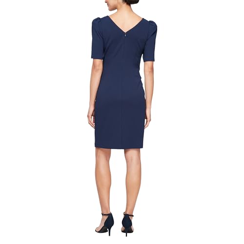 Image of Alex Evenings Women's Short Stretch Crepe Sheath Cocktail Dress with Embellished Neckline and Puff Shoulder Elbow Sleeves