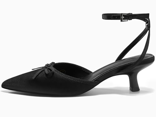 Image of Coutgo Satin Kitten Low Heels with Bow Closed Pointed Toe Short Pumps Dress Wedding Party Shoes