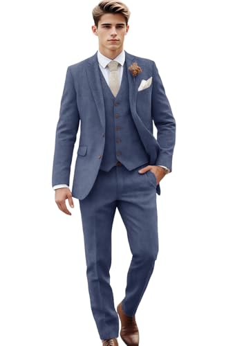 VENNYNG Men's Tweed Herringbone Suits 3 Piece Vintage Retro Wedding Blazer Vest Pant Set Single Breasted Two-Buttons