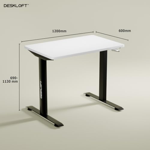 Image of Manual Height Adjustable Desk - Ergonomic Sit Stand Desk with Hand Crank, 120x60 cm Walnut Wood Grain Desktop, Sturdy Computer Workstation for Home Office, Black Frame & White Top