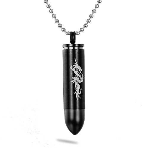 Stainless Steel Dragon Bullet Cremation Keepsake Memorial Ash Urn Necklace - Free 22 Inch Chain (Black)