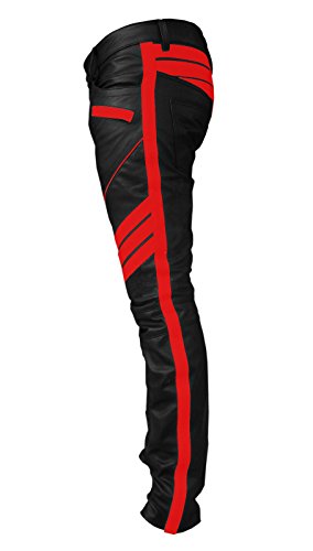 Mens Sexy Real Black & RED Leather Motorcycle Bikers Pants Jeans Trouser3