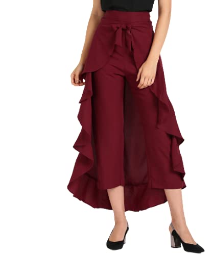 vahson Women Ruffle Pants Split High Waist Maxi Long Crepe Palazzo Overlay Pant Skirt-picture-49