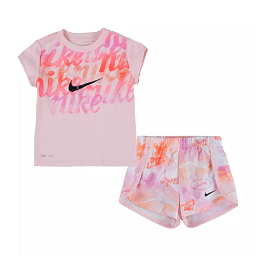 Image of Nike Little Girls' Dri-FIT Short Sleeve T-Shirt And Short 2 Piece Set (A(36J568-X24)/P, 12 Months)