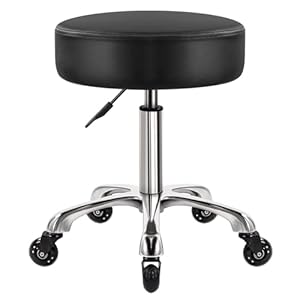 WKWKER Heavy Duty Rolling Kruk met Wielen Hydraulische Draaibare Verstelbare Rolling Stool Ergonomische Dikke Lederen Zitkruk Stoel Voor Keuken Opstellen Lab Kantoor Salon Berichtkruk – Zwart