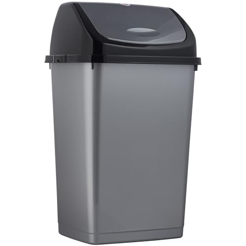 Superio Kitchen Trash Can 13 Gallon with Swing Lid, Plastic Tall Garbage Can Outdoor and Indoor, Large 62 Qt Recycle Bin and Waste Basket for Home, Office, Garage, Patio, Restaraunt (Grey/Black)