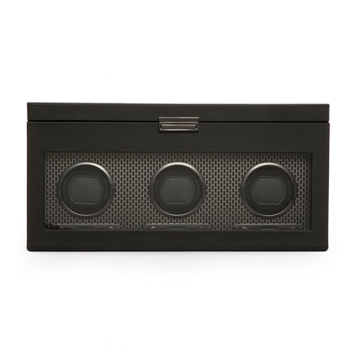 Wolf Axis Triple Watch Winder with Storage Powder Coat - Secure Fit with Patented Lock-in Dynamic Cuff - Accommodates All Wrist Sizes - Vegan Leather - Includes Universal Adapter