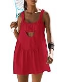 Sexyasasii Women Tennis Dress with Built in Shorts and Bra Sleeveless Casual Backless Golf Dress Athletic Dress with Pockets Red