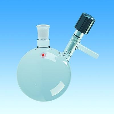 7764-02 Reaction Flask, Round Bottom, 14/20 Joint, 0-4 mm Hi-Vac Valve Sidearm with 8 mm Septa Port, No-Air, 50 mL Capacity