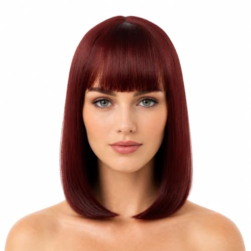 eNilecor Burgundy Wig, 12" Short Bob Wigs with Bangs Straight Synthetic Colorful Cosplay Daily Party Wig for Women Natural As Real Hair+ Free Wig Cap (Burgundy)