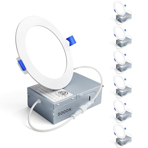 Ensenior 6 Pack 4 Inch LED Recessed Light, Dimmable, 5000K Daylight, 750LM High Brightness, 9W 120V, Damp Rated, Ultra-Thin Canless Wafer Ceiling Light - ETL & FCC & IC