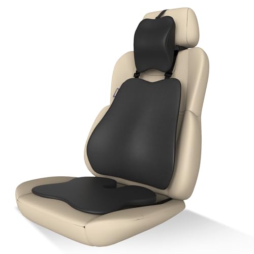 Image of Orista Car Seat Cushion Combo | Neck, Back & Sciatica Relief | High-Density Memory Foam Set for Driving, Office Chair & Gaming | Universal Fit, Black