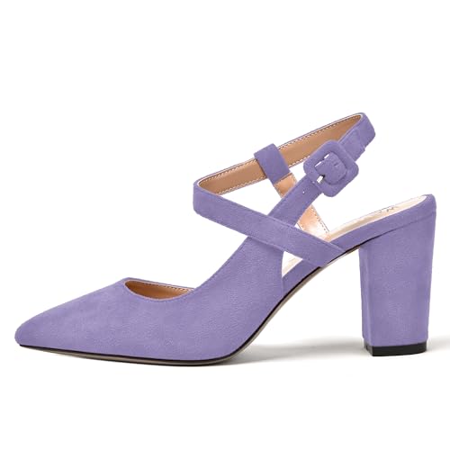 WAYDERNS Womens Ankle Strap Wedding Buckle Pointed Toe Suede Solid Dress Block High Heel Pumps Shoes 3.3 Inch2