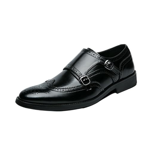 Mens Double Monk Oxford Shoes Slip On Round Toe Breathable Leather Brogue Oxfords Shoes