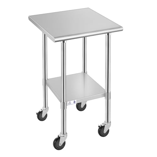 Image of ROCKPOINT Stainless Steel Table for Prep & Work with Caster Wheels 24x24 Inches, NSF Metal Commercial Kitchen Heavy Duty Table with Adjustable Under Shelf and Table Foot for Restaurant, Home and Hotel