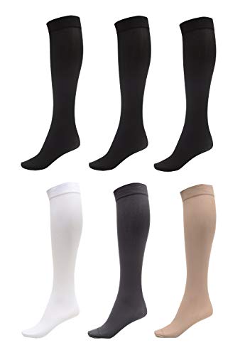 DARESAY Women Trouser Socks with Comfort Band Stretchy Spandex Opaque Knee High, Black, Dk Grey, White, Beige - 6-Pack