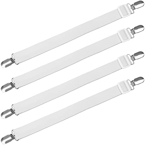 TRIXES Weiße Bettlakenhalter x4 - Im Stil von Strapshaltern - Flach- und Spannbettlakenhalter für eine Matratze - Verstellbares elastisches Band & Metallklammer für Bettdecke, Bügelbrett & Sofakissen