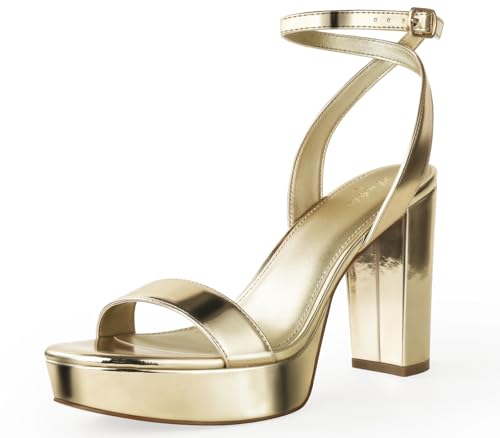 Image of Ankis Platform Heels for Women 4 Inches Chunky Heels Sandals for Women Comfy Open Toe Block Heeled Sandals Nude White Silver Gold Black Ankle Strappy Heels