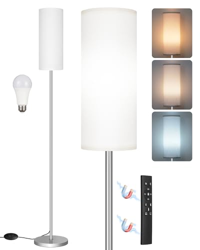 Image of Dimmable Floor Lamps for Living Room with Remote and Foot Switch, 64.4 inch Modern Standing Tall Lamp, Corner Lamp for Bedroom, Office, Bulb Included, 3000K-6500K, White and Silver, FCC Listed SCW06LD05W1