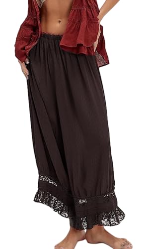 Seyumixi Women Lace Ruffled Long Bloomer Pants Lace Trim Pantaloons Elastic Waist Cropped Slip Pants Capri Pj Bottoms