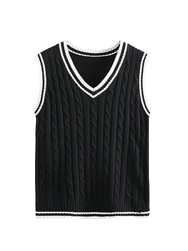 OYOANGLE Men's Cable Knit Sweater Vest Preppy Style Striped Trim V Neck Sleeveless Sweater Tops