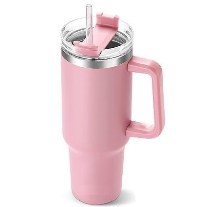 Image of Tumbler with Handle and Straw, Pink Insulated Travel Mug Iced Coffee Cup, Reusable Stainless Steel Insulated Water Bottle, Keeps Drinks Cold