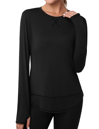 Terecey Sportshirt Damen Langarm Funktionsshirt Atmungsaktive Fitness Workout Yoga Top Leicht Locker Langarmshirt Laufshirt mit Daumenloch, Schwarz 3XL