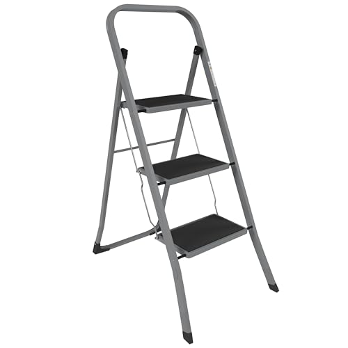 Home Vida 3 Step Ladder - Heavy Duty Steel Folding Ladder with Slip-Resistant and Wide Steps, Folding Mechanism, 150kg Max Load, Home/Kitchen/DIY/Garden Use, Grey