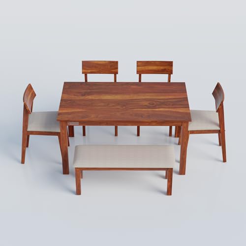 Image of DRIFTINGWOOD Liana 6-Seater Dining Table Set � Sheesham Wood Natural Honey Finish with Table, 4 Cushioned Chairs & Bench - Ideal for Kitchen & Living Room - Assembly Required