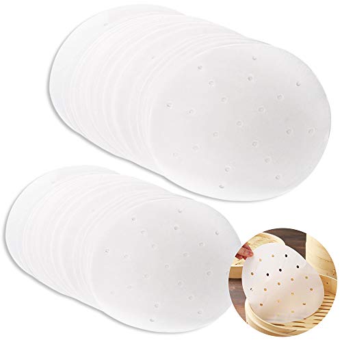 Senhai 200 piezas premium perforado pergamino redondo vaporizador papel para hornear, papel de aceite antiadherente, jaula para freidora de aire, cocina, hornear, cocinar al vapor, postre al vapor