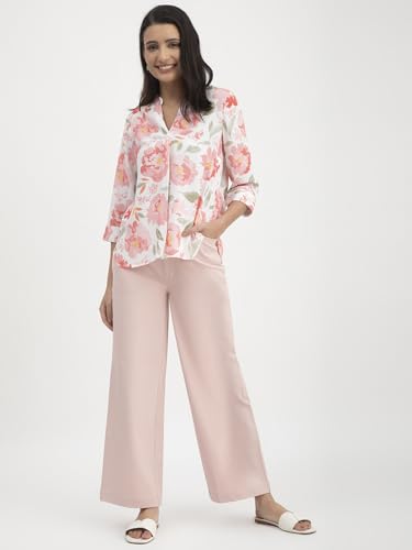 Image of FableStreet Women Shirt Work & Casual | Relaxed Fit Mandarin V-Neck Three-Quarter Sleeves Solid Pattern | Breathable Woven Fabric for Office & Everyday Wear