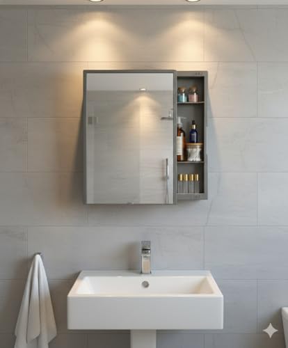 Image of CIPLA PLAST New Rich Look Bathroom Cabinet with Mirror | Storage Organiser | Strong Plastic Bathroom Shelves Wall Mounted | Bathroom Accessories| Mirror Cabinet (Metallic Grey)
