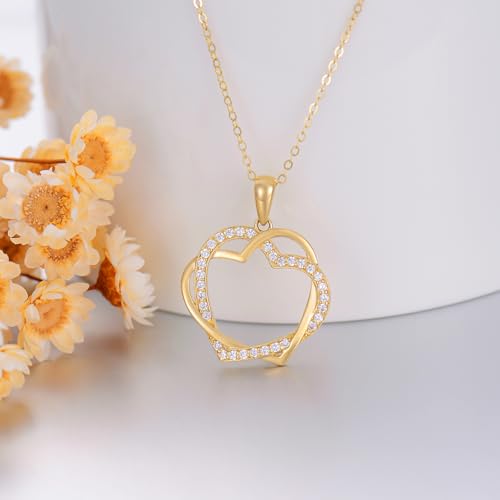 14K Real Gold Heart Necklace for Women Yellow Gold Interlocking Double Hearts Pendant Jewelry Birthday Anniversary Mothers Day Gifts for Mom Her Girlfriend Wife Sister4