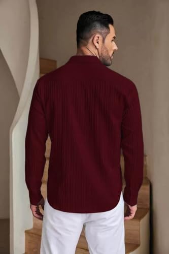 DEELMO Men's Red Textured Long Sleeve Shirt - Image 5