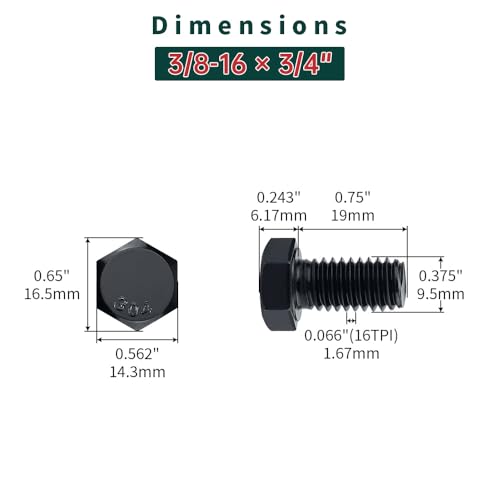 Image of 3 /8-16 x 3 /4 inch Hex Bolts with Nuts and Washers (10 Sets), 18-8 (304) Stainless Steel, External Hex Drive, Black Oxide Coated Hexagon Head Bolts Screws, Fayeploo