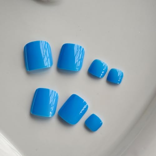 Image of Blue Press on Toenails Glossy Full Cover Fake Toe Nails Short Square False Toenails Reusable Summer Beach Stick on Toes for Women Girls Manicure 24 Pcs