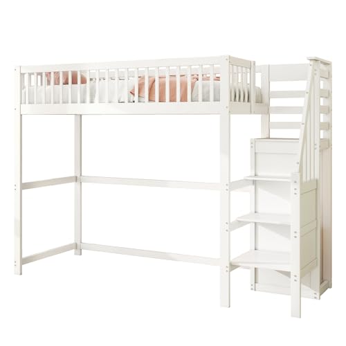 Azkoeesy Letto a soppalco singolo per bambini e adulti, con scala e armadio, protezione anticaduta e rete a doghe, spazio di archiviazione sotto il letto, bianco, 90 x 200 cm