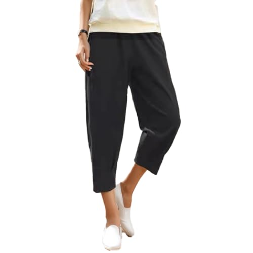 Women Cotton Linen Pants High Waist Harem Pants Casual Loose Solid Color Plus Size Wide Leg Capri with Pockets
