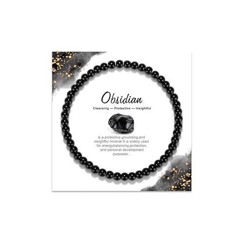 GolbalJew Natural Gemstone Beads Bracelets Healing Crystal Stone Beaded Bracelet for Women Men Handmade Spiritual Jewelry Gifts 4mm Obsidian Round Beads