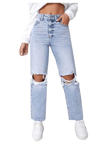SweatyRocks Women's High Waist Ripped Distressed Cropped Jeans Straight Leg Denim Pants4