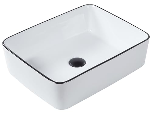 Lavabo sobre encimera baño clásico cerámica brillante blanco con borde negro rectangular 49 x 38 cm Xert