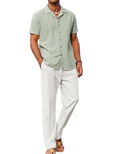 Image of COOFANDY Men 2 Piece Linen Outfit Beach Button Down Shirt Casual Loose Pant Sets