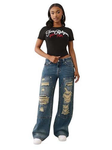 True Religion Women's Embroidered Branded Baby Tee – Short Sleeve Fitted Crewneck T-Shirt, XXL Jet Black
