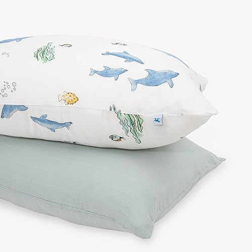 Image of Little Unicorn Standard Pillowcase 2 Pack | Super Soft & Breathable Muslin Fabric | Snug Envelope Closure | for Crib and Toddler Bed (Whales)